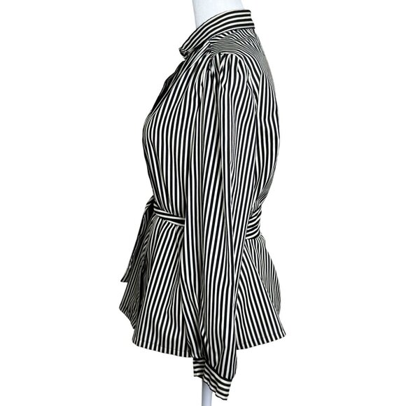 NWOT Oak Hill Womens Blouse Sz M/L Black White Striped Button-Up Belted Waist - Picture 2 of 6